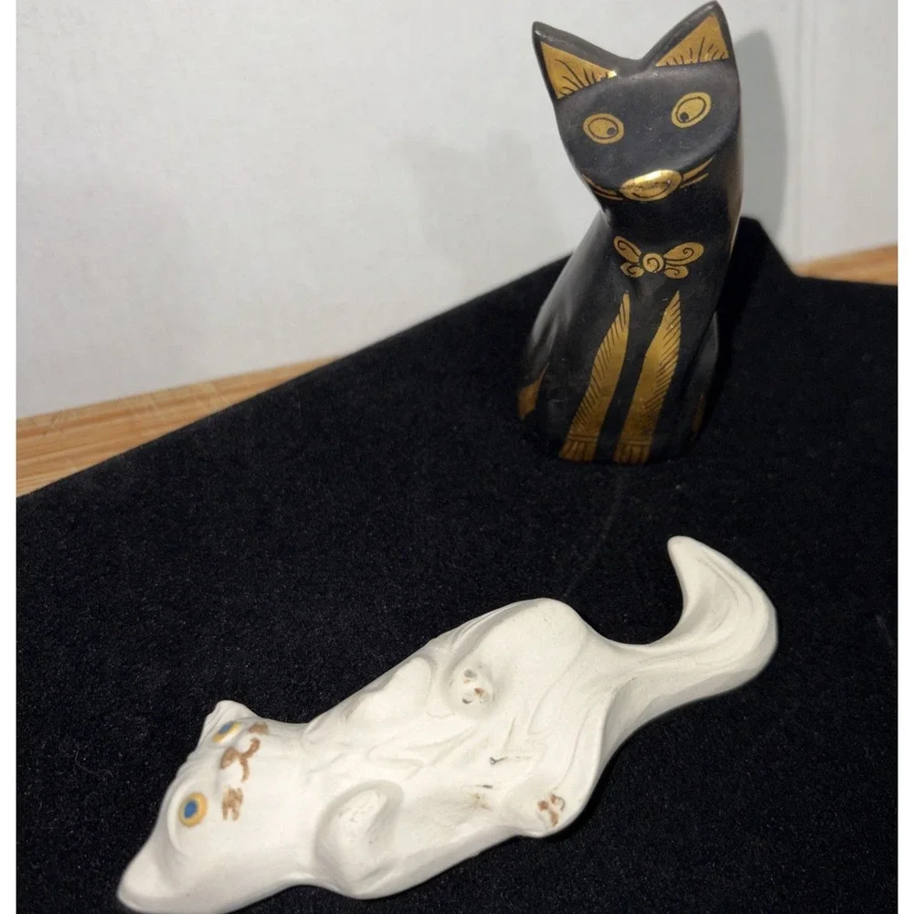 Pair Of Miniature Cat Figurines Wood & Ceramic-Asian Folk Art Styles